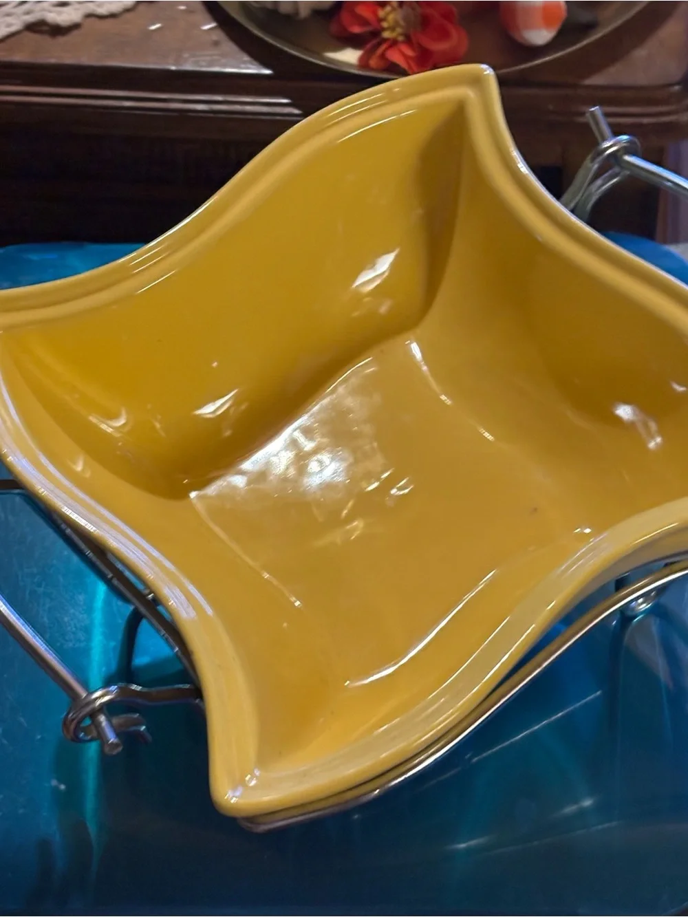 Godinger Yellow Ceramic Covered Casserole with Chrome Stand